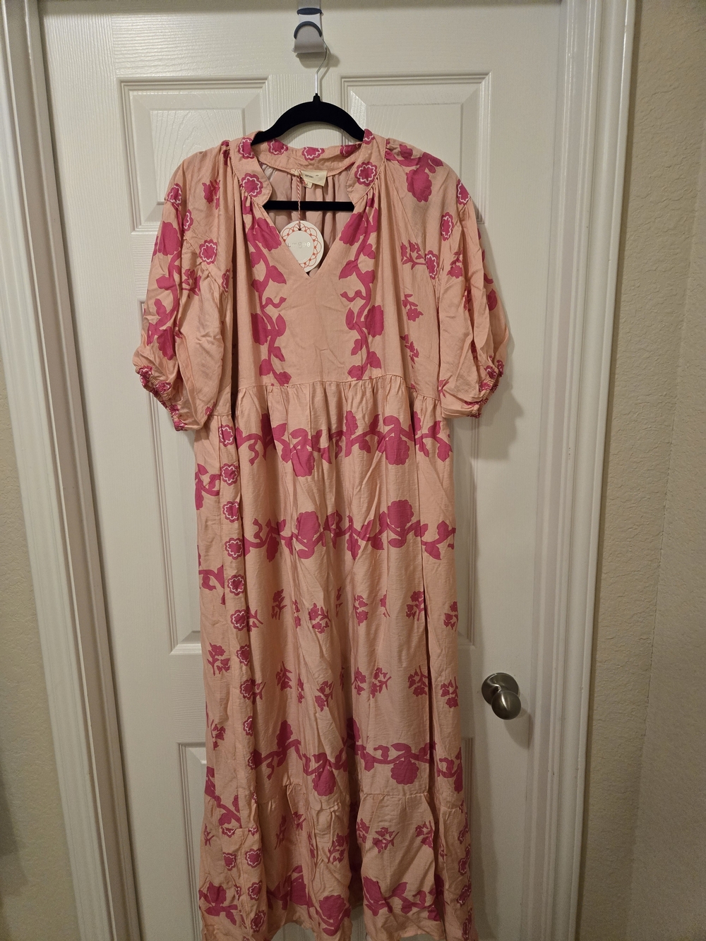 Umgee Peach Maxi Dress with Hot Pink Floral Print